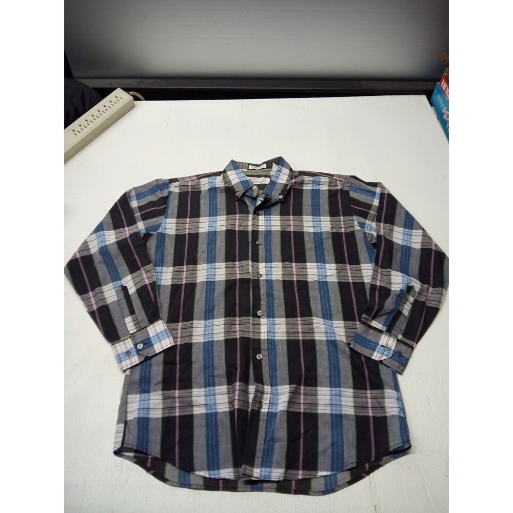 vtg 80s 90s MAIN STREAM SHIRT Button Down Blue White Plaid Long Sleeve MEDIUM